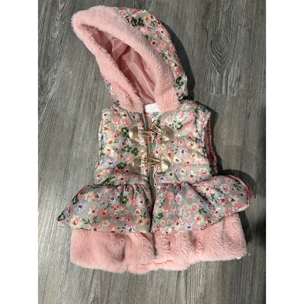 Little Lass Baby Girls Floral Puffer Vest Pink‎ Faux Fur Hood Toggle Closure 12M